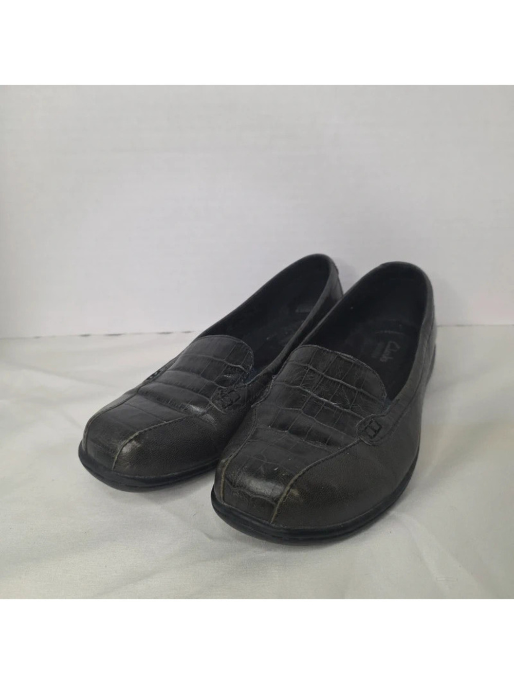 Clarks Bendables Dark Green Leather Croc Loafers Women’s 7.5W Wide